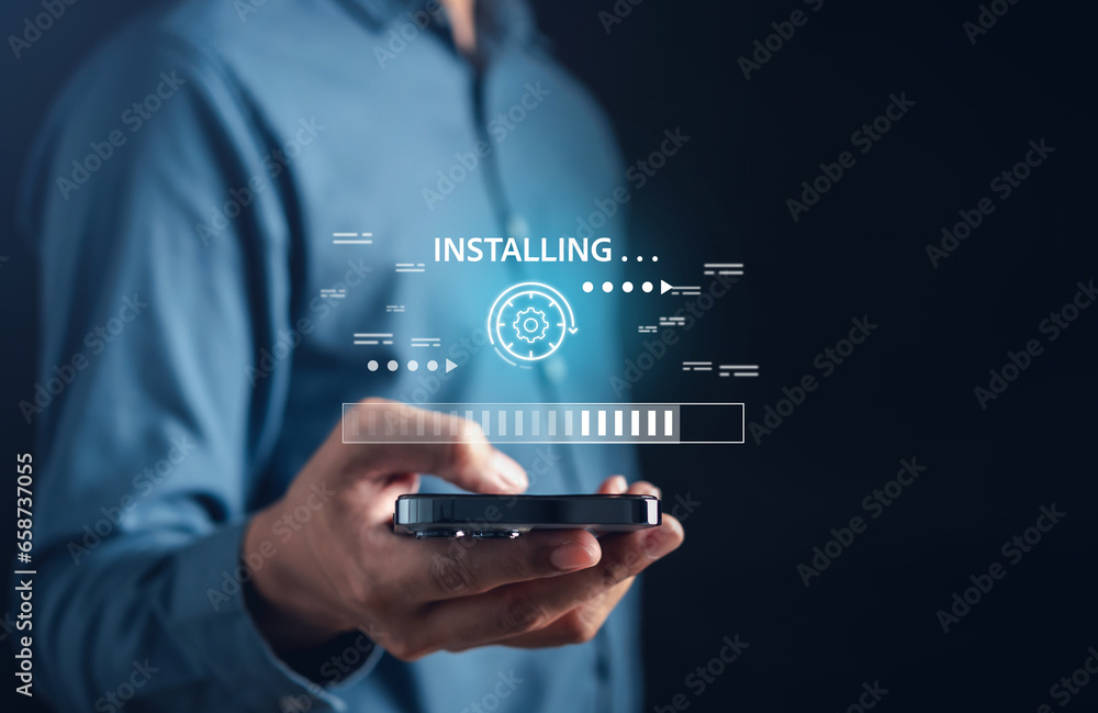 Update software and installing new version system in computer. Man upgrade program, Business technology internet loading bar with installing the update for the quality better.