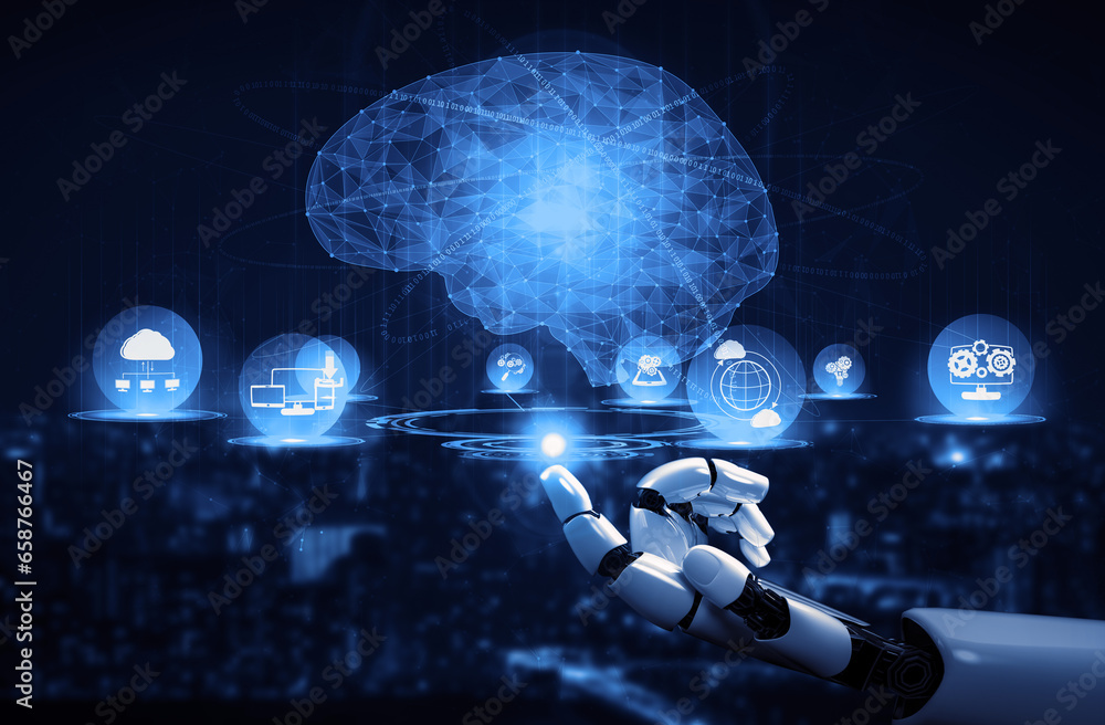 3D rendering artificial intelligence AI research of robot and cyborg development for future of people living. Digital data mining and machine learning technology design for computer brain.