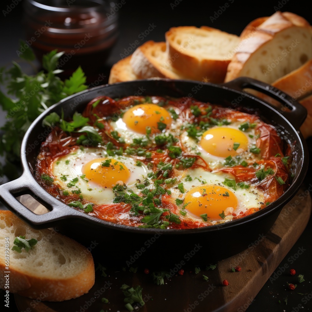 Shakshuka: savory, Mediterranean-style baked eggs in tomato sauce with spices and herbs