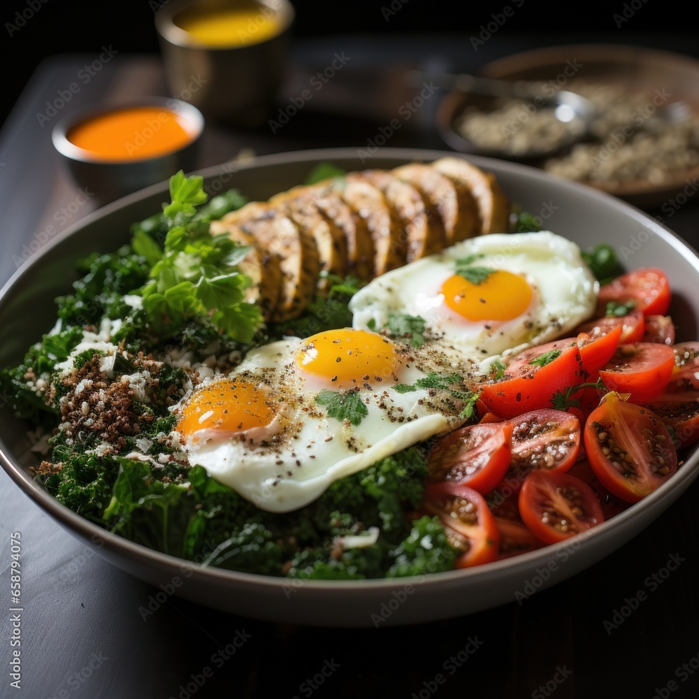 Quinoa bowl: protein-rich, gluten-free, and filling breakfast with veggies and eggs