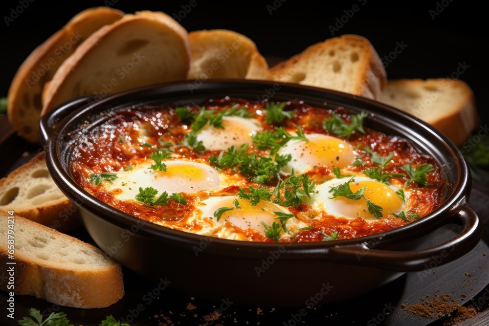 Shakshuka: savory, Mediterranean-style baked eggs in tomato sauce with spices and herbs