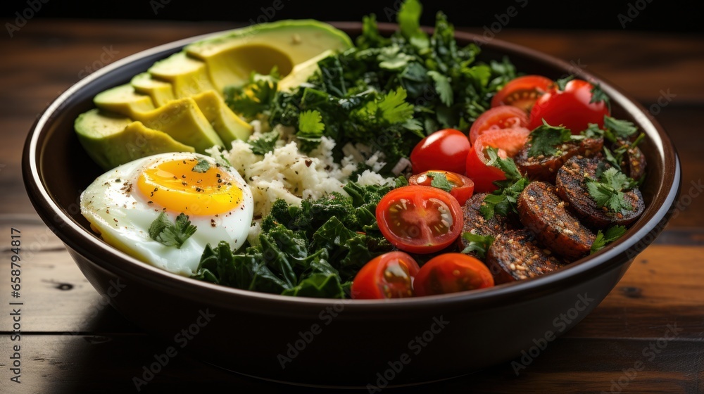 Quinoa bowl: protein-rich, gluten-free, and filling breakfast with veggies and eggs