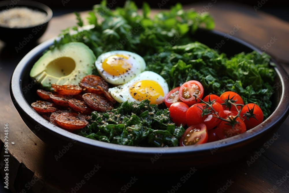 Quinoa bowl: protein-rich, gluten-free, and filling breakfast with veggies and eggs