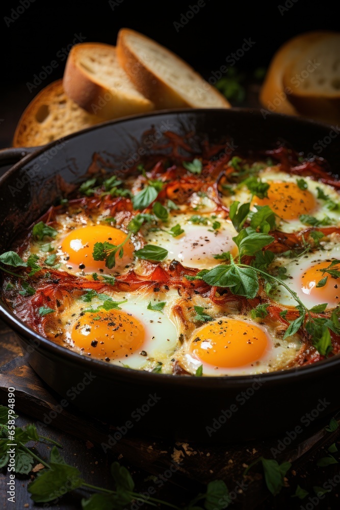 Shakshuka: savory, Mediterranean-style baked eggs in tomato sauce with spices and herbs