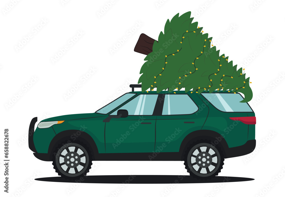 Car with Christmas tree on white background