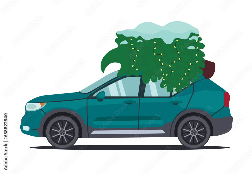 Car with Christmas tree on white background