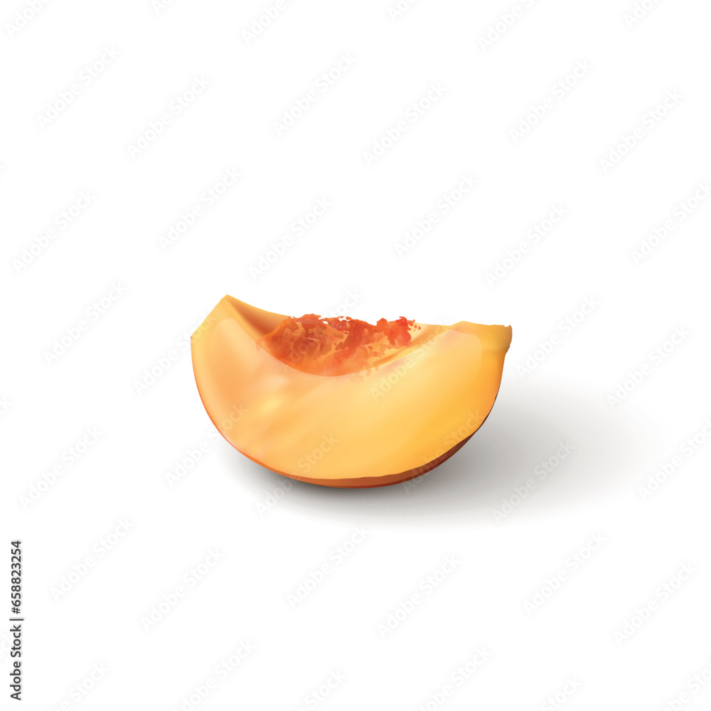 Piece of juicy peach on white background