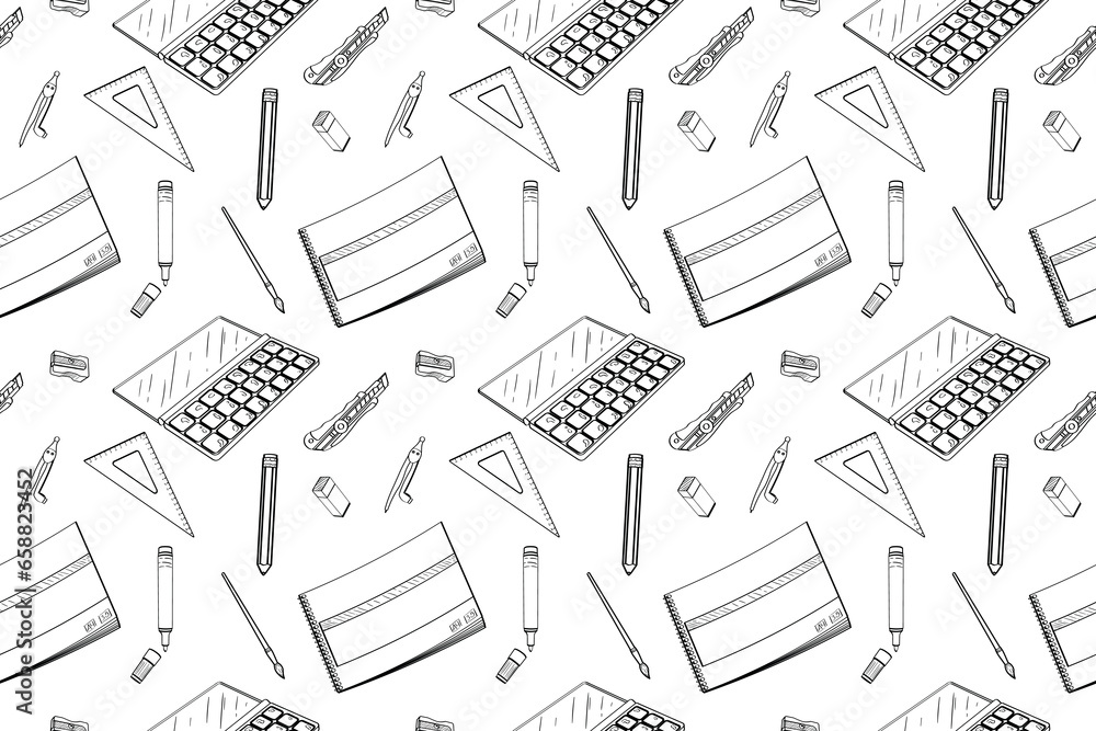 Many school supplies on white background. Pattern for design