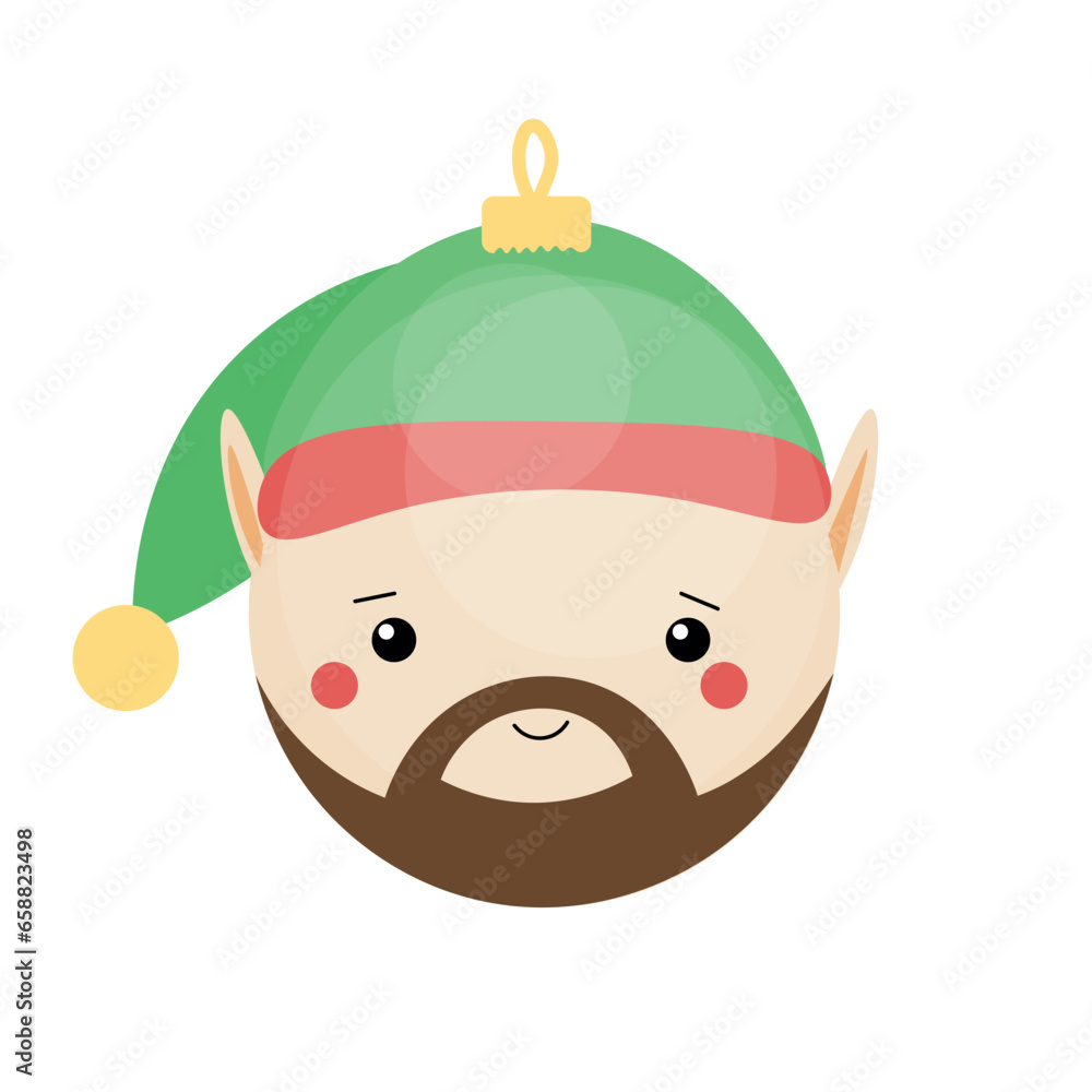 Creative Christmas ball in shape of elfs head  on white background