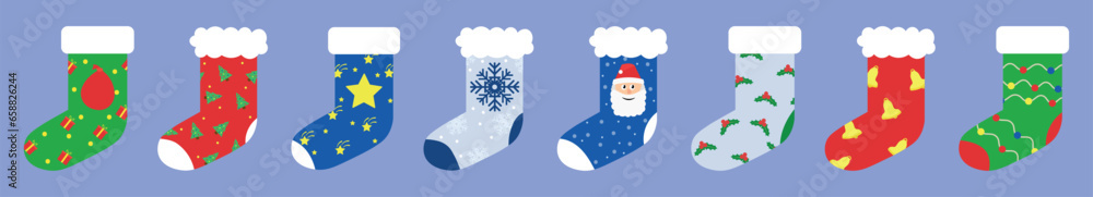 Many beautiful Christmas socks on color background