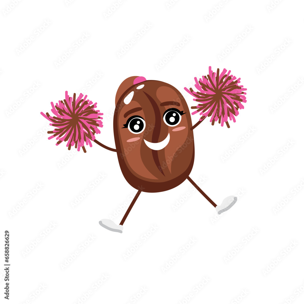 Happy coffee bean with cheerleader pompoms on white background