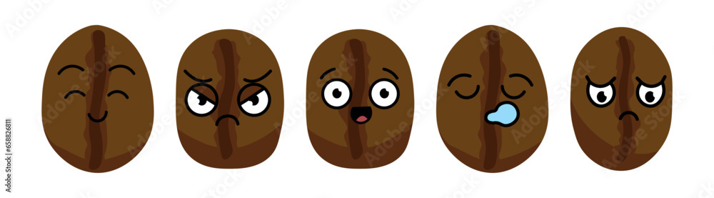 Set of emotional coffee beans on white background