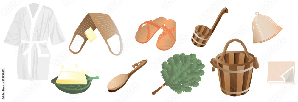 Set of accessories for sauna on white background