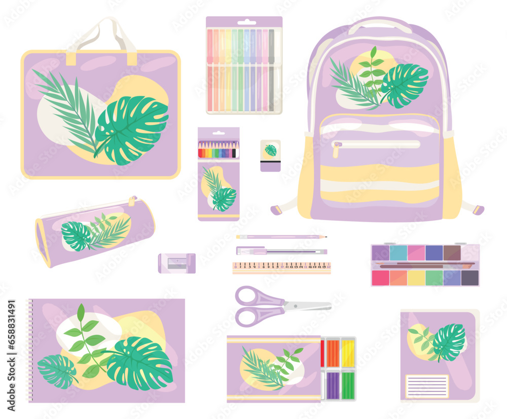 Set of school supplies on white background