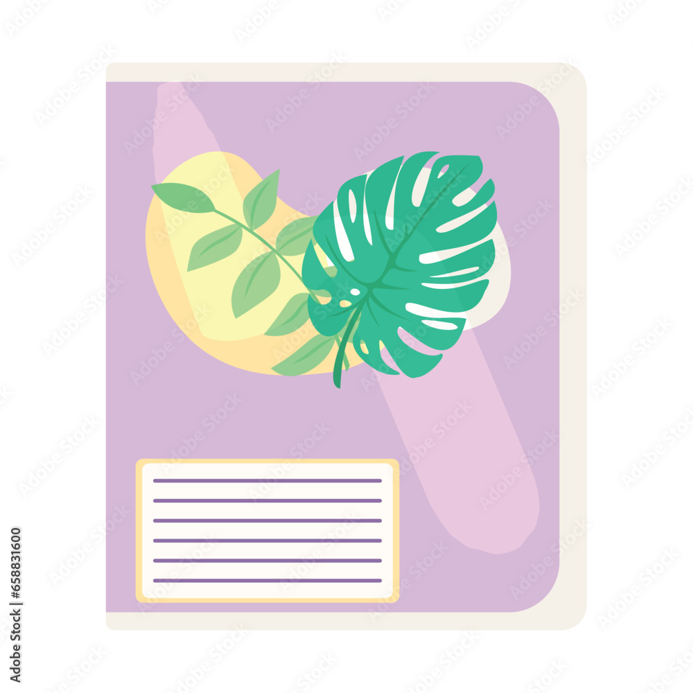 Copybook with tropical leaves on white background