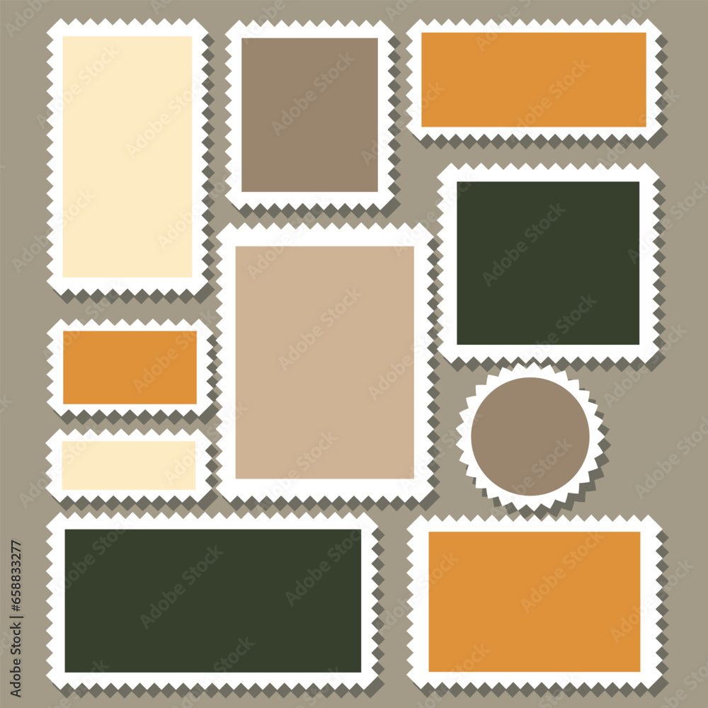 Set of blank postage stamps on grey background