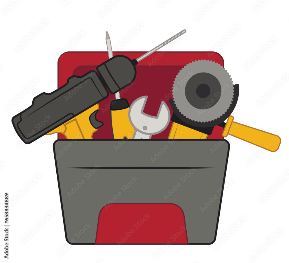 Box with set of tools on white background