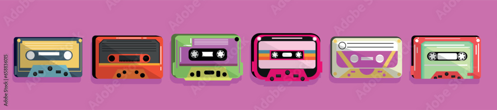 Set of audio cassettes on pink background