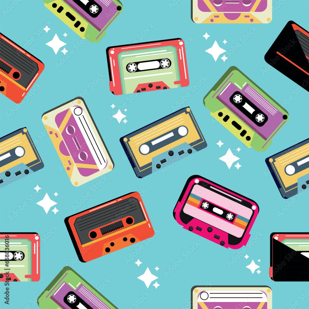 Many audio cassettes on light blue background. Pattern for design