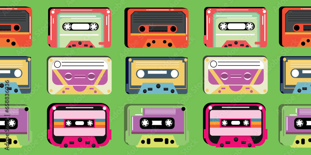 Many audio cassettes on green background