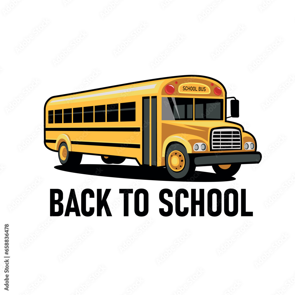 Yellow bus and text BACK TO SCHOOL on white background 