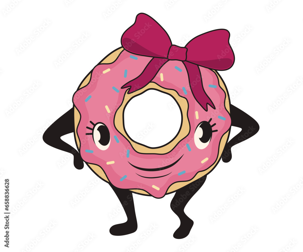 Cute pink donut with bow on white background