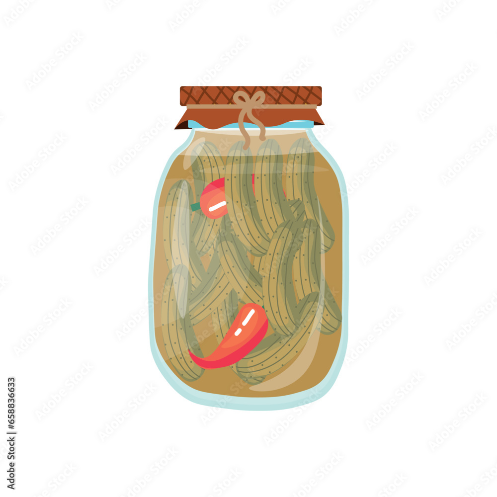 Jar with homemade pickled cucumbers and chili pepper on white background