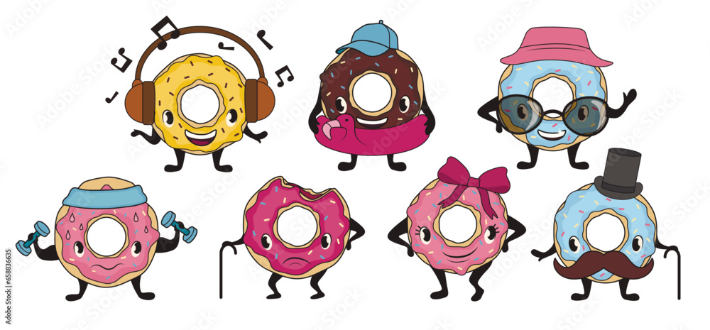 Set of cute donuts on white background