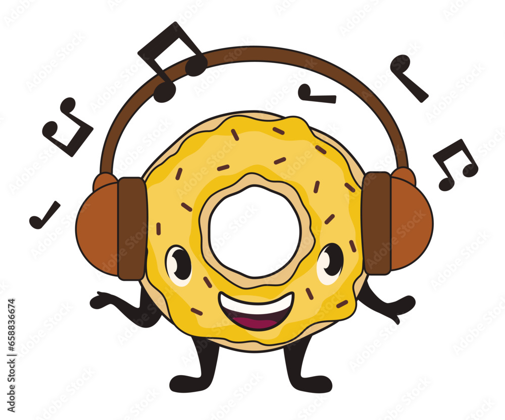 Cute donut listening to music on white background