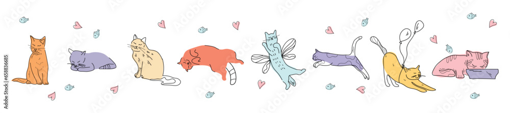 Set of many cute cats on white background