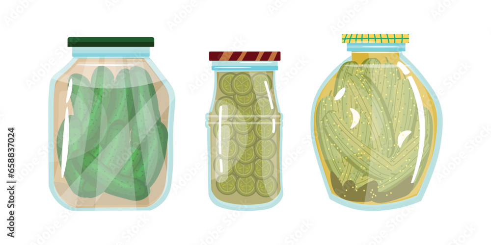 Set of pickled cucumbers on white background