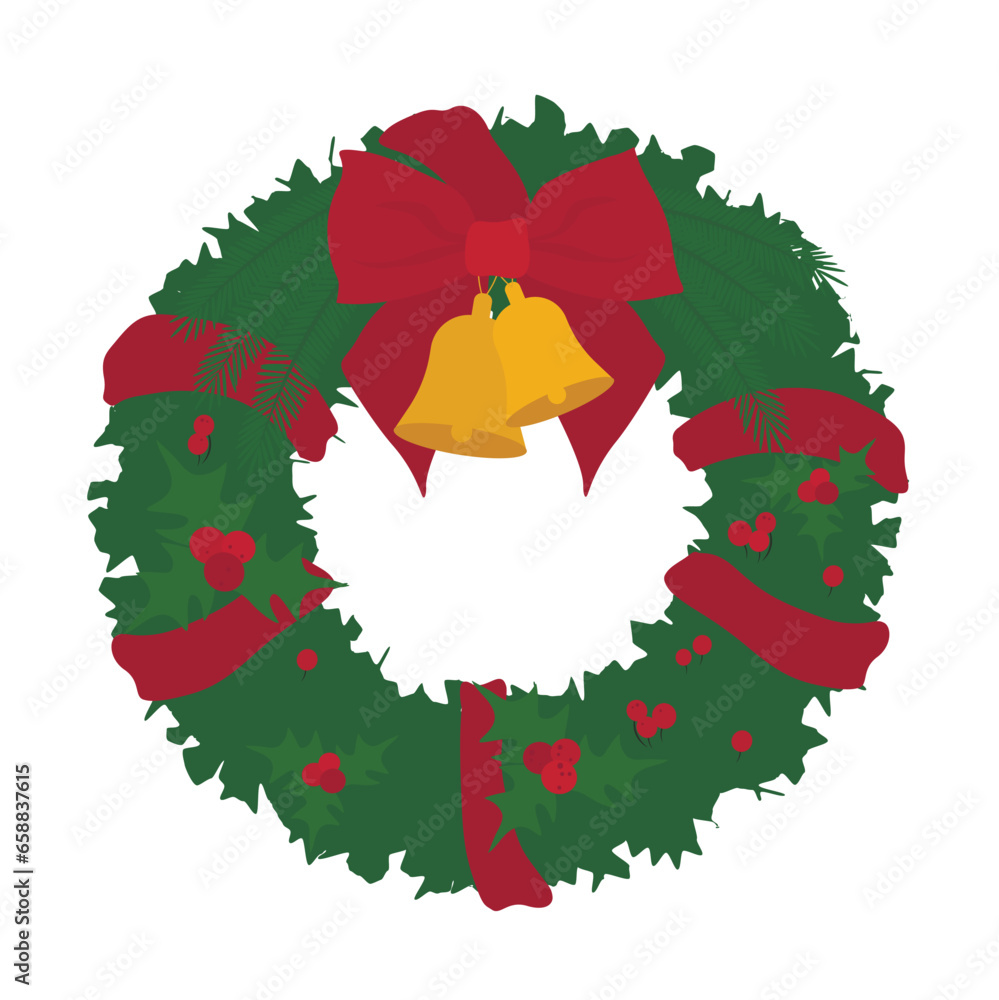 Christmas wreath with jingle bells on white background