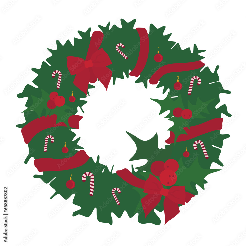 Christmas wreath with decor on white background