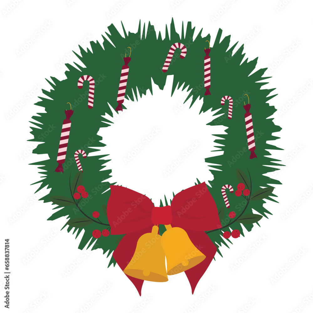 Christmas wreath with jingle bells on white background