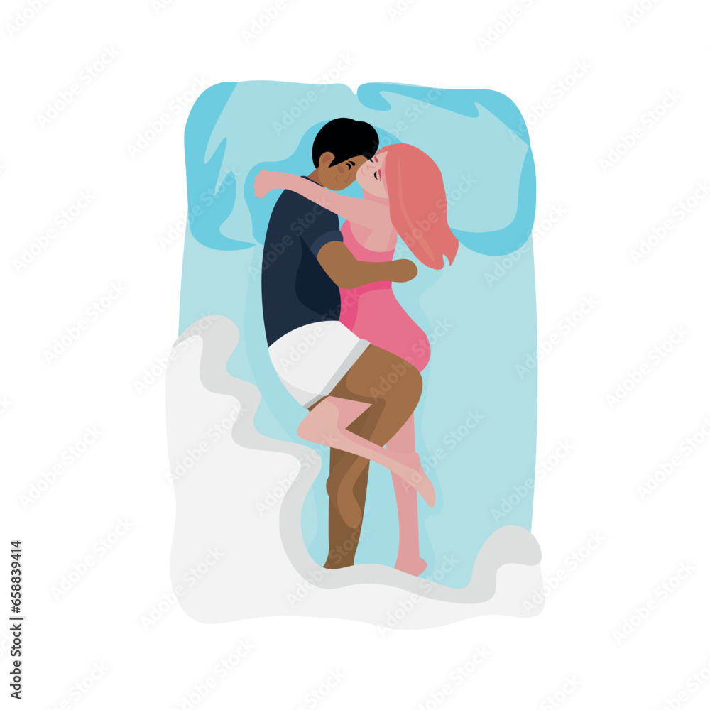 Interracial couple sleeping in bed on white background, top view