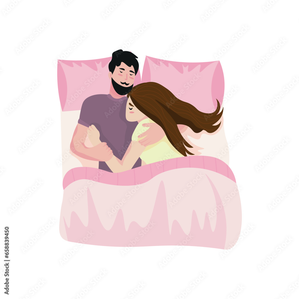 Couple sleeping in bed on white background, top view