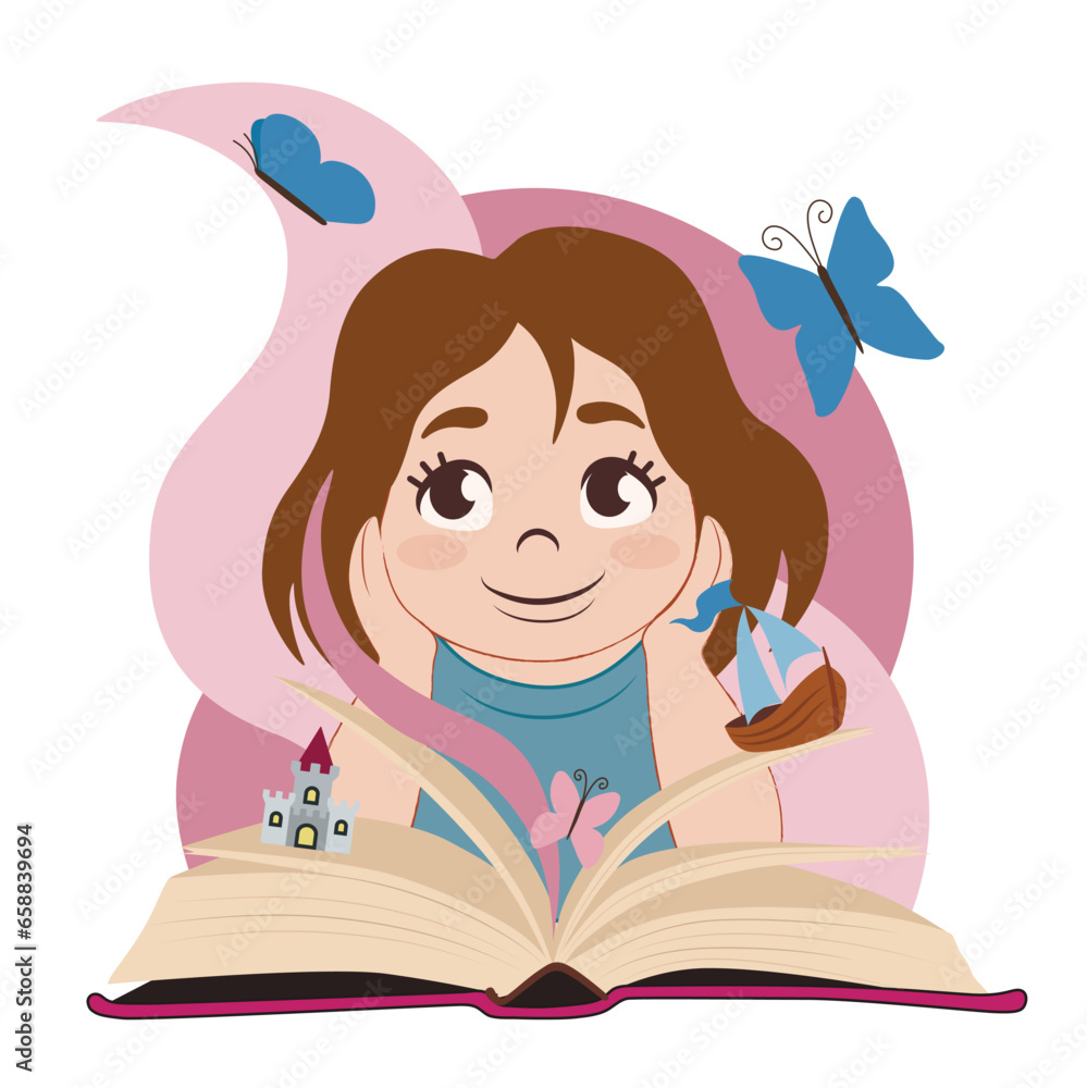 Little girl reading magic book on white background