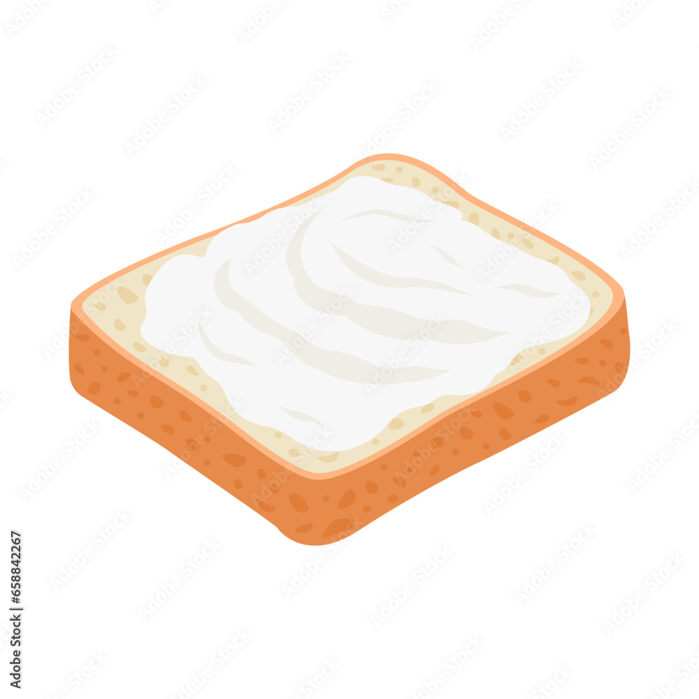 Slice of bread with tasty cream cheese on white background