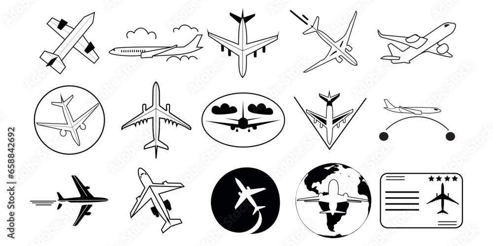 Set of airplanes on white background