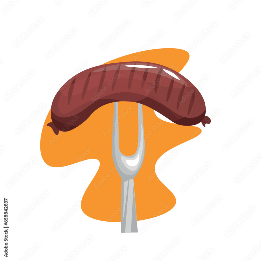 Fork with tasty sausage on white background