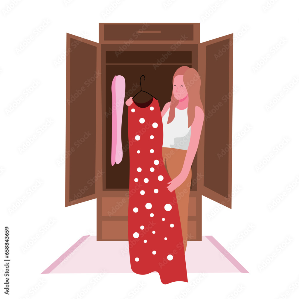 Female student with clothes near wardrobe in her room