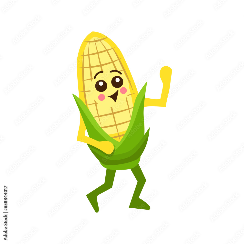 Dancing cute corn cob on white background