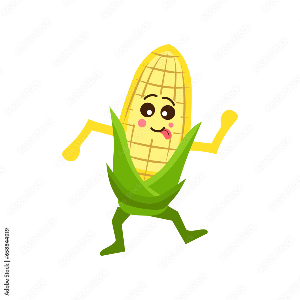 Grimacing cute corn cob on white background