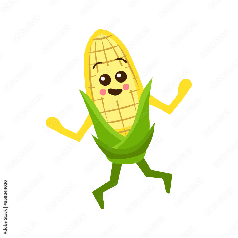 Jumping cute corn cob on white background