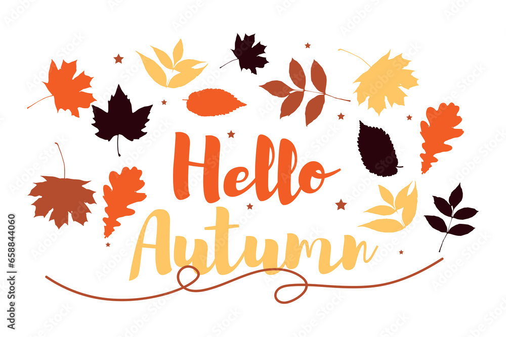 Text HELLO, AUTUMN and leaves on white background