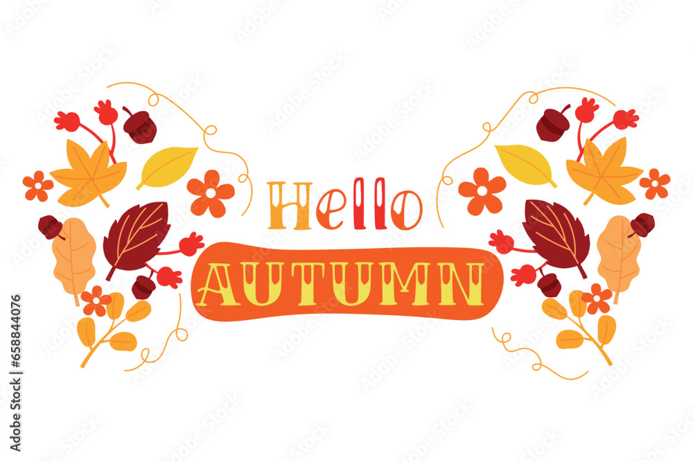 Text HELLO, AUTUMN and leaves on white background