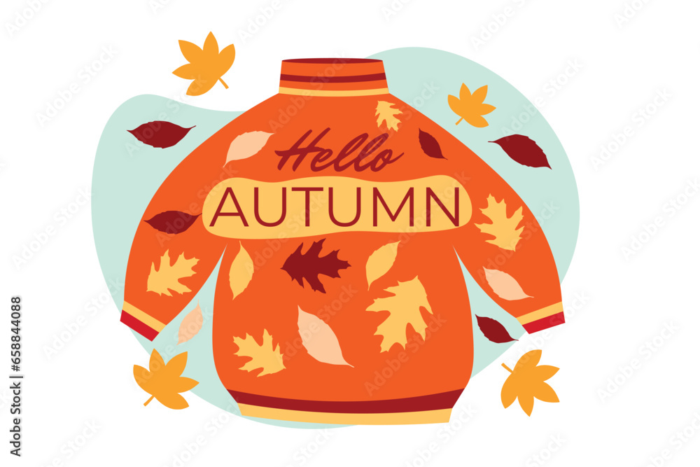 Sweater with text HELLO, AUTUMN and leaves on white background