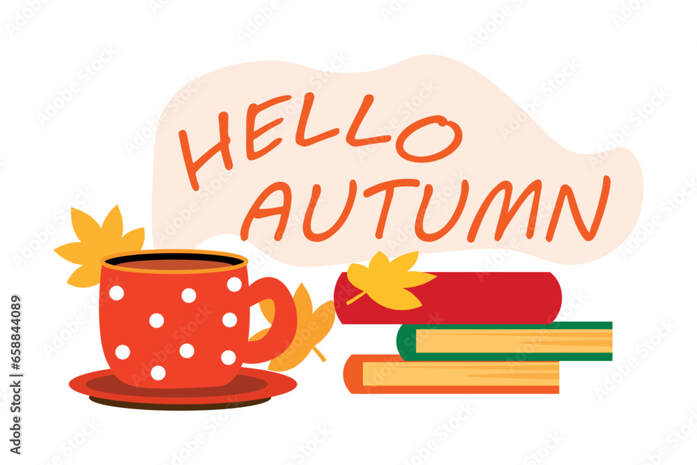 Text HELLO, AUTUMN, hot tea and books on white background