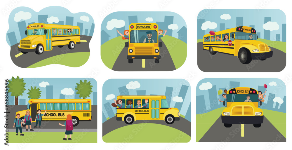 Set of yellow school buses on road