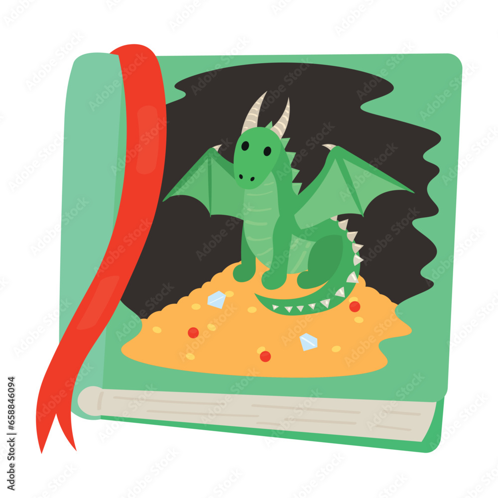 Childrens book with drawn magic dragon on white background